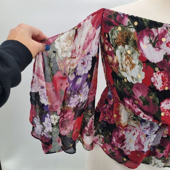 Express Womens Floral Bohemian Slit Sleeve Cold Shoulder Blouse M Elastic Waist - Picture 6 of 12